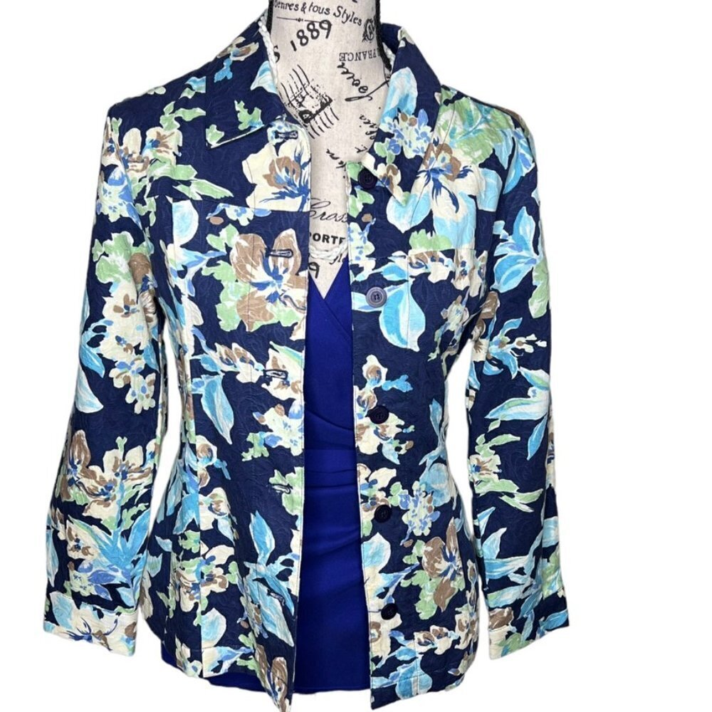 Appleseeds Blue Floral Print Button Cropped Denim Jacket Size S Coastal Country
